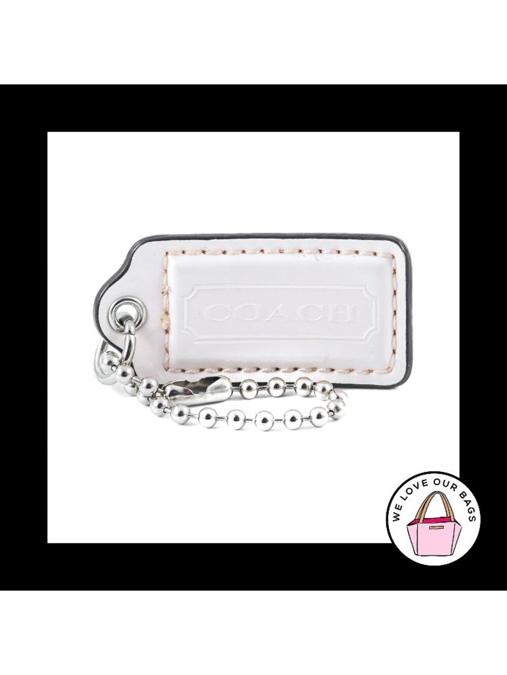 2" Medium COACH White PATENT LEATHER Nickel Key Fob Bag Charm Keychain Hang Tag